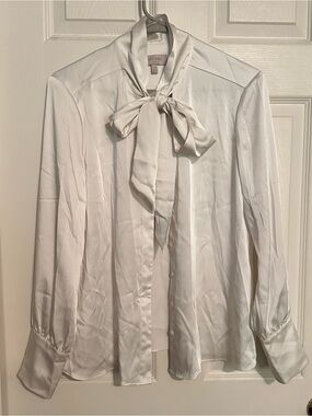 Hobbs London Cream Satin Bow-Neck Blouse